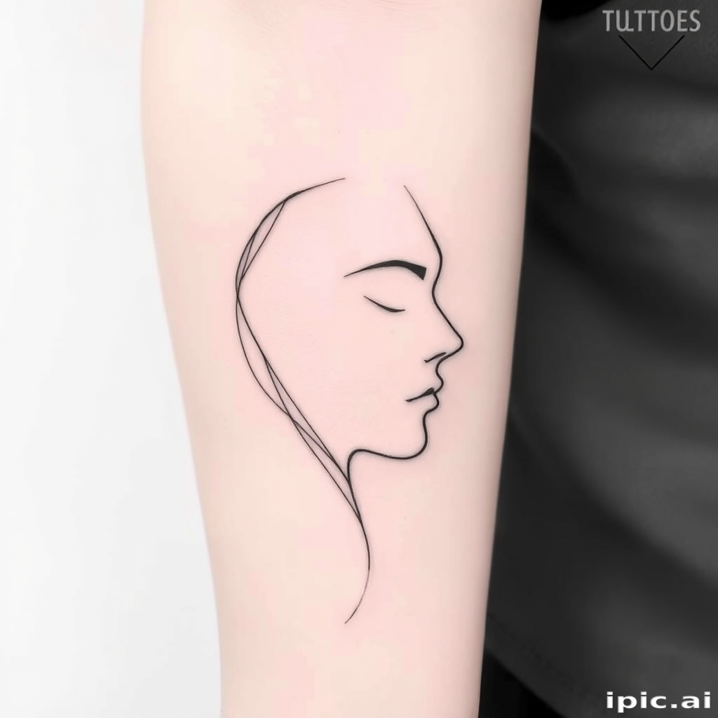 Minimalist single-line tattoo tracing the silhouette of a face in continuous motion, incorporating negative space and strategic line breaks to create a dynamic, abstract portrait