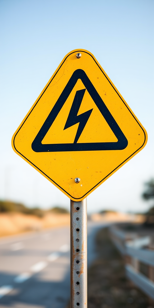 Create a high-resolution image of a yellow triangular warning sign with a black lightning bolt symbol in the center, shot with a DSLR camera at f/8, ISO 200, 50mm lens, natural lighting, and a clear view to enhance image quality.