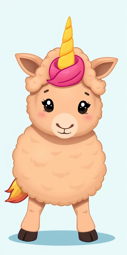 Generate a cute cartoon illustration of a brown fluffy unicorn sheep with a colorful horn, set against a light blue background, using a digital painting style, with a focus on bright colors and smooth textures, camera settings: ISO 100, aperture f/8, shutter speed 1/250s, camera view: straight on, camera type: digital.