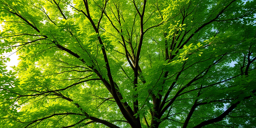 Create a hyper-realistic image of a lush green tree with detailed leaves, using a DSLR camera with a 50mm lens, aperture set to f/2.8, ISO 100, and soft natural lighting, capturing the tree from a low angle to emphasize its height and foliage.