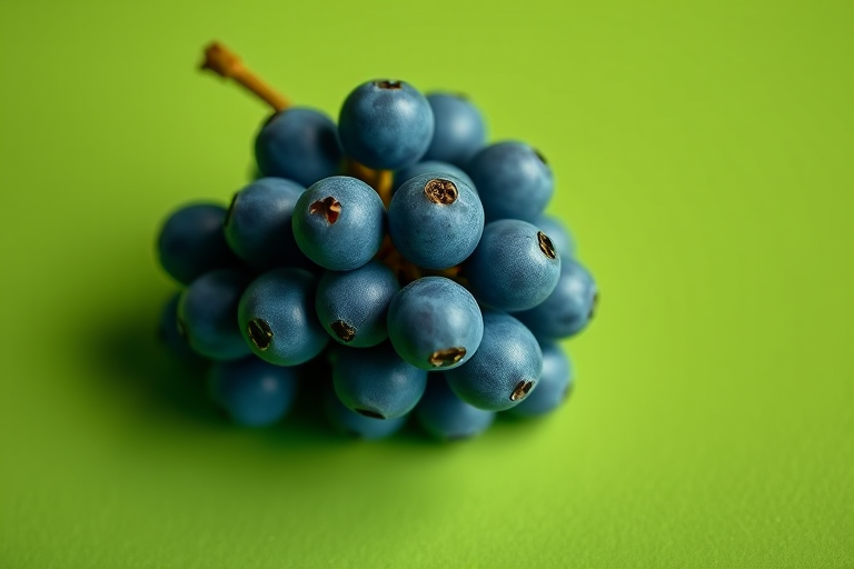 Create a high-resolution image of a cluster of blue grapes on a solid green background, using a macro lens, f/2.8 aperture, 50mm focal length, and soft LED lighting for enhanced texture and detail.