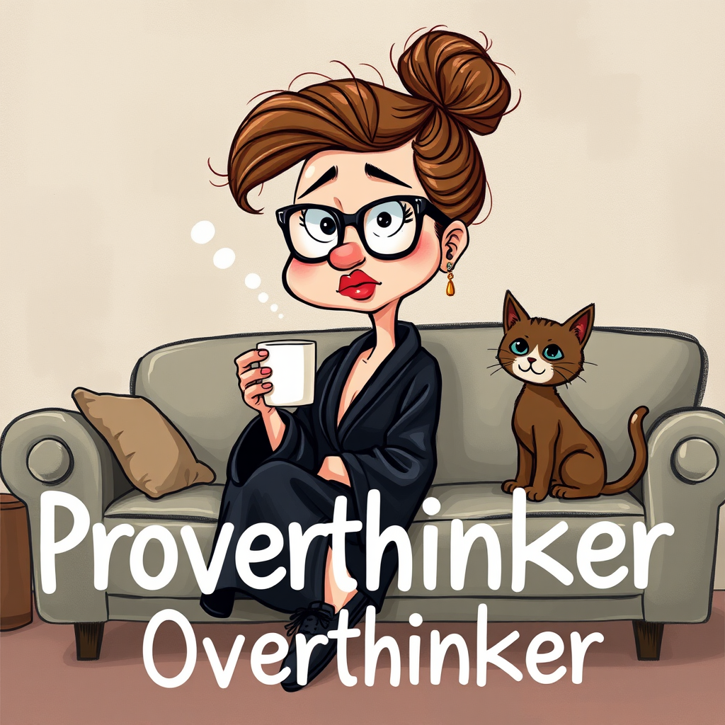 The words ‘Professional Overthinker’ (exact spelling) An exaggerated whimsical illustration of a cute silly lady with unruly messy brown bun and black glasses pouty lips and a thinking expression. Shes sitting on the couch, legs folded wearing a black silk robe, black fuzzy slippers. She’s holding her coffee cup and making a deep-in-thought face.  A quirky scruffy cat (dog) looking at her against a mottled, oil painting style soft background living room setting.