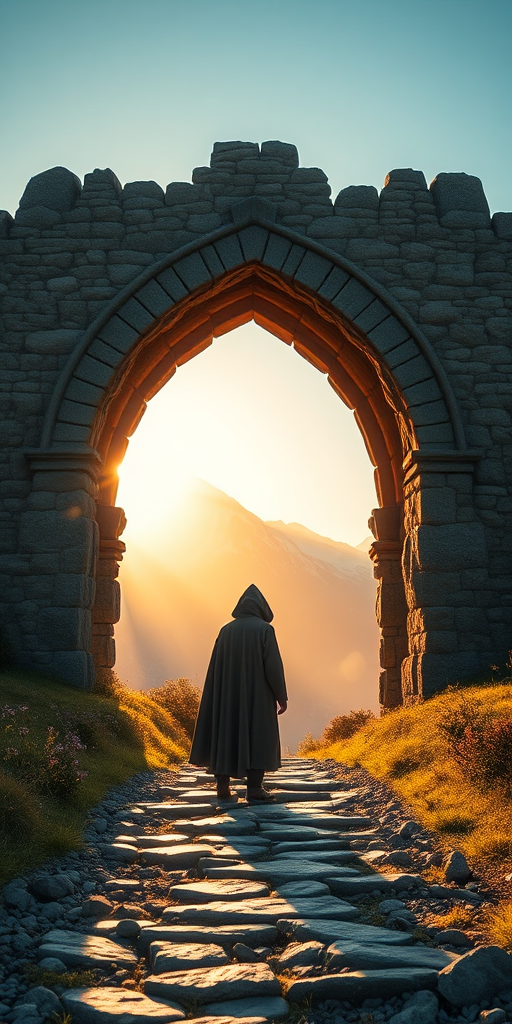 fantasy landscape with a dramatic stone archway and mountains in the background, a lone figure in a hooded cloak standing on a rocky path, capturing golden hour lighting, depth of field for focus on the foreground with a Canon EOS R5, 24mm lens, f/2.8, ISO 200, shot at 1/60 sec, high dynamic range for enhanced colors and contrast