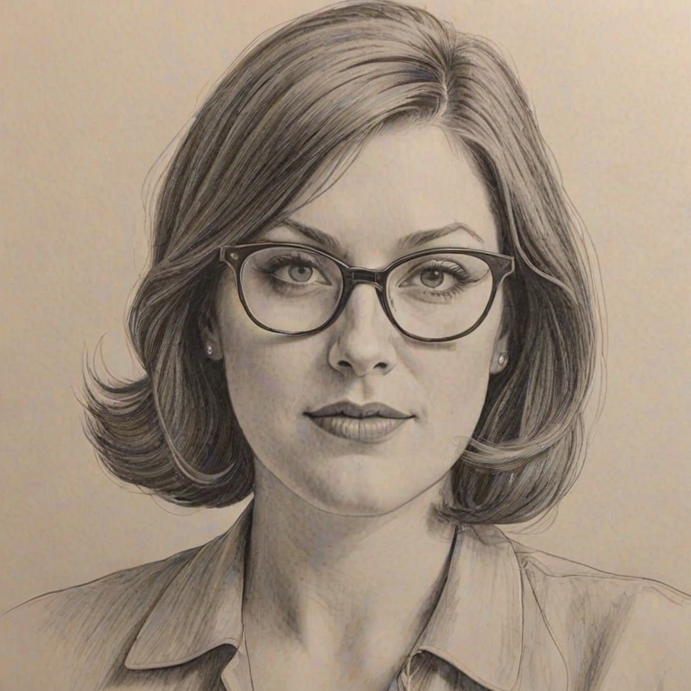 Stunning Allison Tolman, pencil sketch, portrait of Wonderful woman 1962s in glasses, hair style beatnik, outline, clear lines, fine lines, 8k