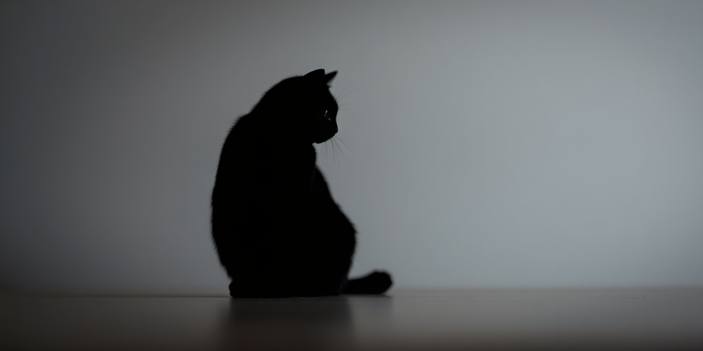 Generate a high-quality image of a minimalist black silhouette of a cat sitting, captured with a DSLR camera at f/2.8 aperture, ISO 100, and a shutter speed of 1/500s, in a close-up view with a soft focus background to enhance detail and depth.