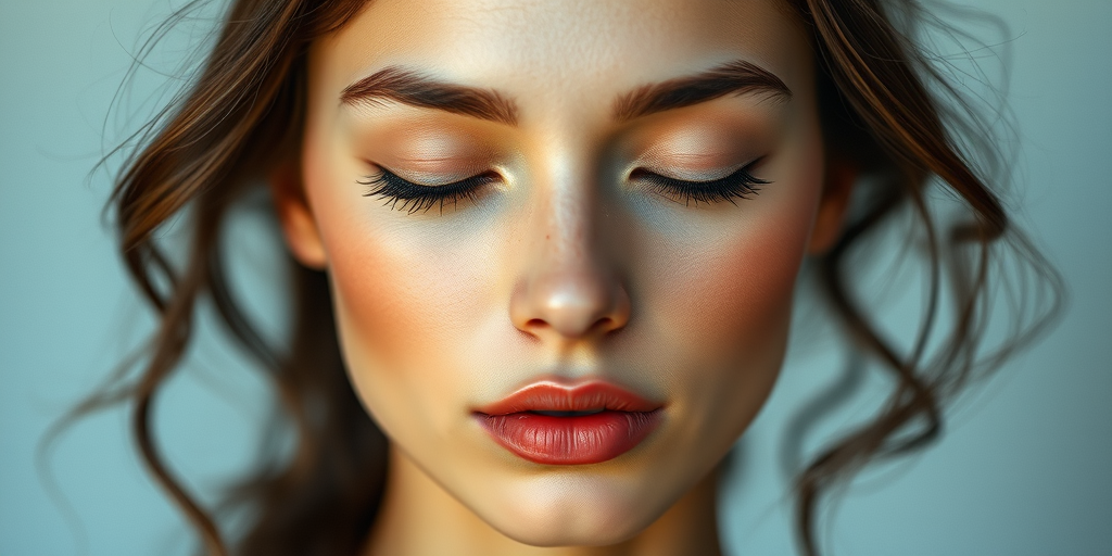 Create a high-resolution portrait of a serene young woman with closed eyes and elegant features, use soft lighting to highlight her face, captured with a DSLR camera at f/2.8 aperture, 50mm lens, in portrait orientation, with shallow depth of field and a subtle bokeh effect in the background.