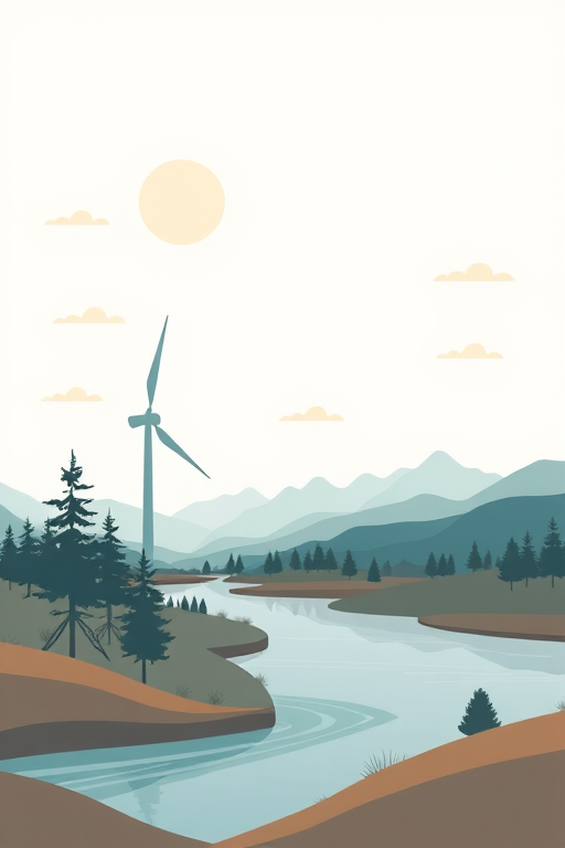 Generate a minimalist landscape illustration featuring a wind turbine near a river, with stylized trees and mountains under a soft sun with clouds, using a high-resolution digital camera with a 50mm lens at f/8, 1/100s, ISO 100, captured from an eye-level angle to enhance image clarity and detail.