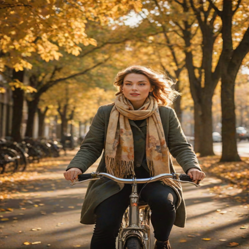 Softly focused photo of a woman riding a vintage bicycle through a tree-lined street in autumn, soft golden light filtering through falling leaves, her scarf trailing behind in the wind.