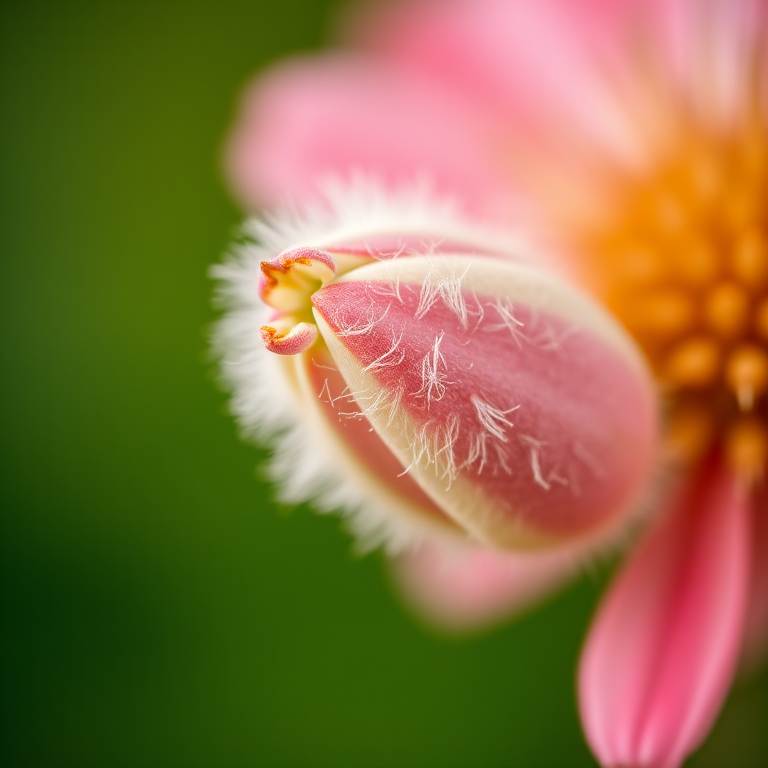 macro close-up of a fuzzy flower bud with a blurred green background, focus on details, ISO 200, f/2.8 aperture, 50mm lens, natural light, DSLR camera, shallow depth of field