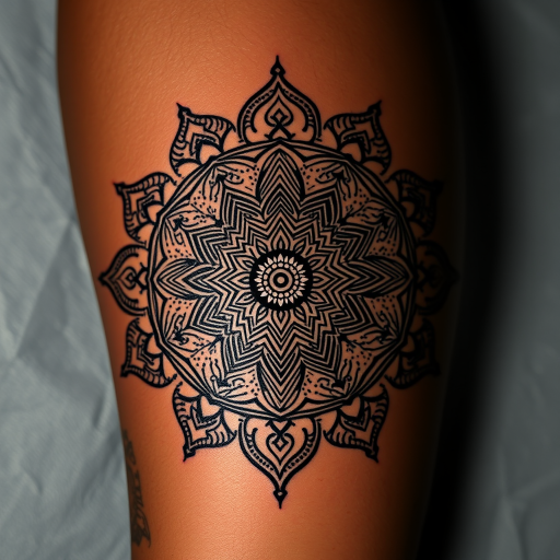 Mesmerizing mandala tattoo with intricate geometric patterns and sacred symbols, adorned with dotwork shading and white ink highlights, creating a mesmerizing three-dimensional effect on dark skin