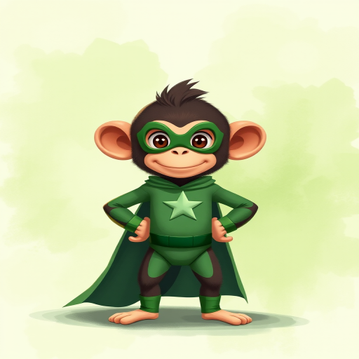 Create an illustration of a cartoon monkey dressed as a superhero in a green suit with a star, standing confidently with hands on hips against a soft green watercolor background, use a digital painting style with high resolution, 35mm lens, f/2.8 aperture, and soft lighting to enhance depth and color vibrancy.
