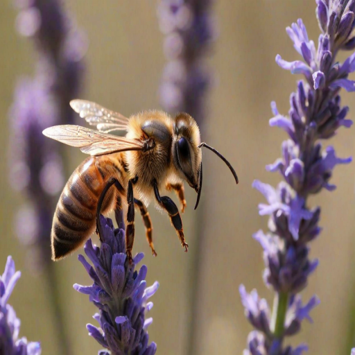 Sharp, detailed close-up of a honeybee collecting nectar from a lavender flower, soft sunlight reflecting off its wings, with tiny details of pollen clinging to the bee's legs.