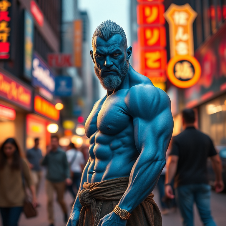 depict a muscular blue-skinned male figure inspired by mythology standing confidently in a busy urban setting, with vibrant neon lights and blurred motion of pedestrians around him, captured with a Canon EOS R5, 50mm lens, f/1.8 aperture, ISO 100, shot at dusk for enhanced lighting and depth of field