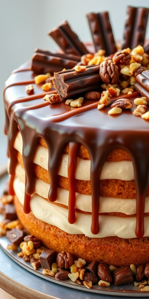 Create a mouthwatering dessert cake featuring layers of creamy frosting topped with chocolate and caramel drizzles adorned with chopped nuts and chocolate bars placed artistically around the edges showcasing a rich and indulgent appearance.