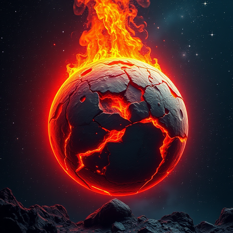 Create a high-resolution detailed digital illustration of a cracked planet emitting glowing lava, set against a starry space background, using a Canon EOS R5 with a 24mm lens, aperture f/11, ISO 200, and 1/125 sec exposure, in a wide-angle view with enhanced colors and contrast.
