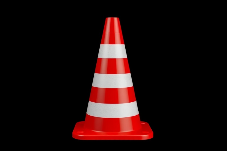 Create a high-resolution image of a red and white striped traffic cone with a smooth surface and clear edges, using a DSLR camera with a 50mm lens, aperture set to f/2.8, ISO 100, and a focus on the cone; use a straight-on view against a solid black background.