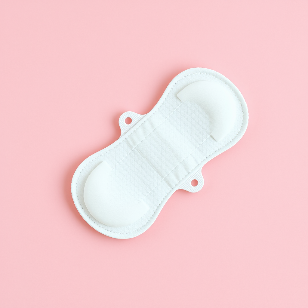 Create a top-down view of a sanitary pad on a soft pink background, using a DSLR camera with a 50mm lens, aperture set to f/2.8, ISO 100, and a slight vignette effect to enhance image quality.