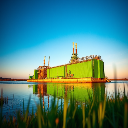 Capture a vibrant image of a green industrial structure on a lake with a blue sky, using a Canon EOS R5, 50mm lens, f/2.8 aperture, ISO 100, and a shallow depth of field to enhance the foreground, taken at sunrise for warm lighting.