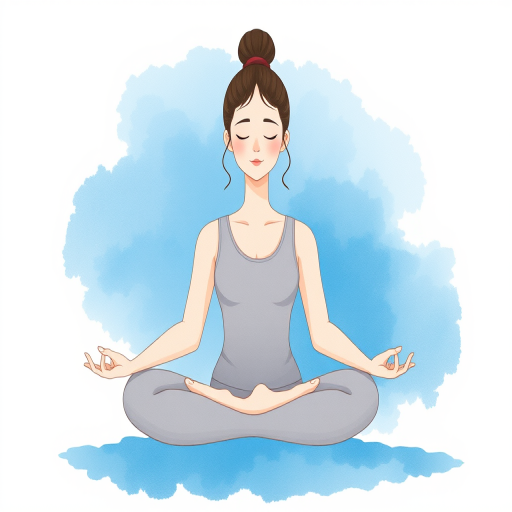 Create an illustration of a serene woman meditating with a minimalist style, soft blue watercolor background, use a camera with a 50mm lens, aperture f/2.8, ISO 100, soft focus effect, and high-resolution digital art style.