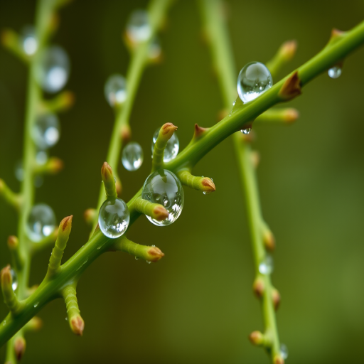 Close-up shot of green twigs with water droplets, shallow depth of field, soft natural light, ISO 100, f/2.8 aperture, 50mm lens, DSLR camera, macro photography style.
