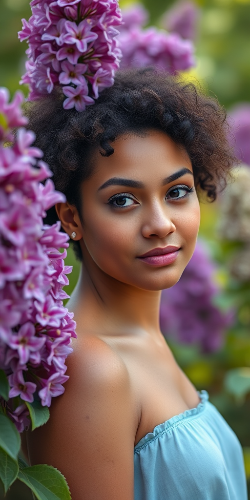 portrait of a young woman with short curly hair standing beside purple lilacs, soft focus background, natural lighting, 50mm lens, aperture f/1.8, ISO 200, DSLR camera