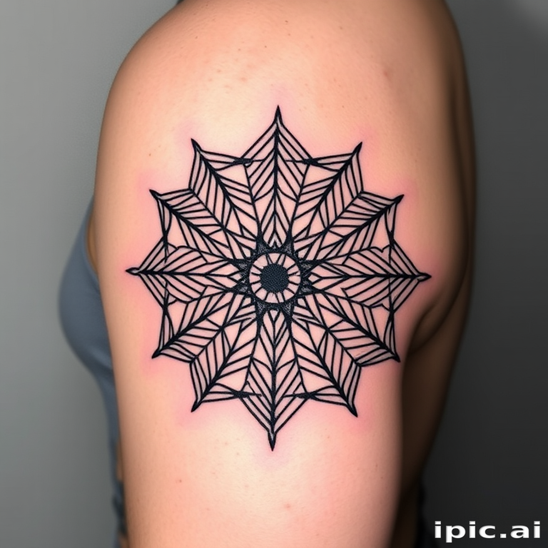 Striking geometric blackwork tattoo featuring interconnected sacred geometry patterns, precise lines and angles forming complex mandala-like designs, stark contrast against skin, bold and modern aesthetic