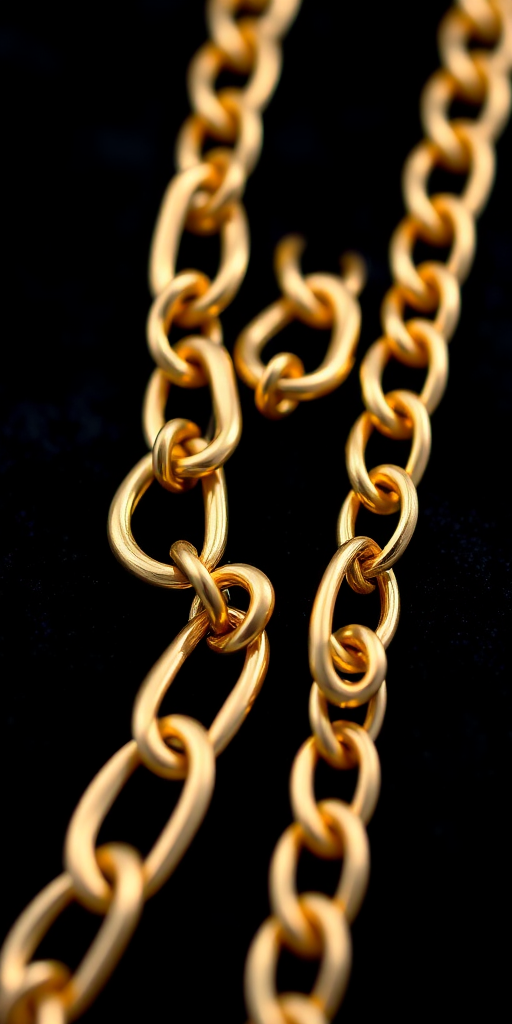Create a high-resolution image of a gold chain with interlocking loops, using a macro lens at f/2.8 aperture, ISO 100, shutter speed 1/125s, in a flat lay style on a dark velvet background for enhanced contrast.