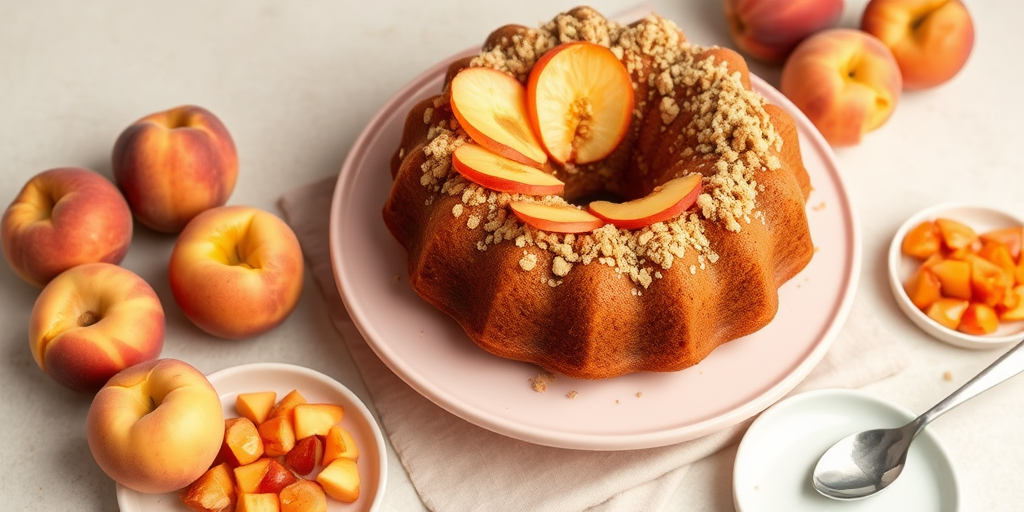 A beautiful bundt cake topped with peach slices and a crumbly topping placed on a light pink plate surrounded by fresh peaches and a small plate of diced peaches with a spoon on a neutral background.