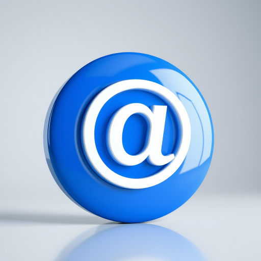 Create a 3D rendering of a large, glossy blue circle with a white at symbol in the center, using a Canon EOS R5 camera, aperture f/4, ISO 100, 24mm lens, and a shallow depth of field for a smooth background.