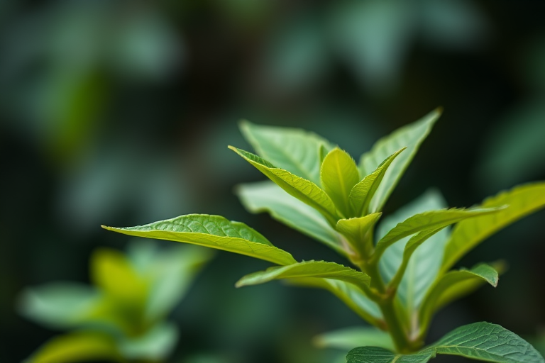 Capture a high-resolution image of a plant with vibrant green leaves against a blurred background, using a DSLR camera at f/2.8 aperture, ISO 100, 1/200s shutter speed, focusing on the leaves with a macro lens from a close-up perspective for enhanced detail and depth.