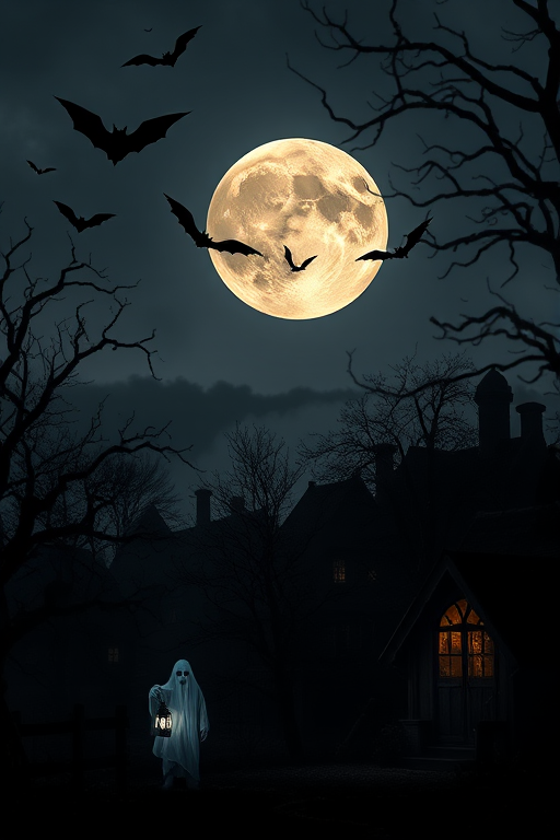 Create a spooky Halloween scene with a full moon, silhouetted bats, eerie trees, and a haunted village, featuring a ghostly figure with a lantern and a zombie, using a DSLR camera with a 24mm lens, aperture f/2.8, ISO 200, and long exposure to enhance detail and atmosphere.