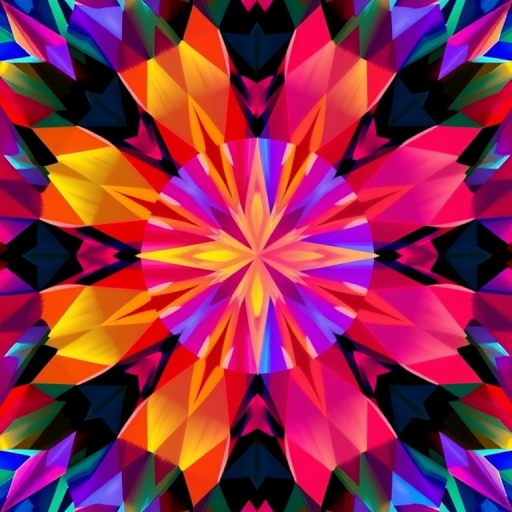 Create a vibrant abstract image with a colorful mosaic of triangle shapes in a kaleidoscopic pattern, using a Canon EOS 5D Mark IV camera, 50mm lens, f/2.8 aperture, ISO 100, shooting in RAW format to capture intricate details and enhance color saturation.