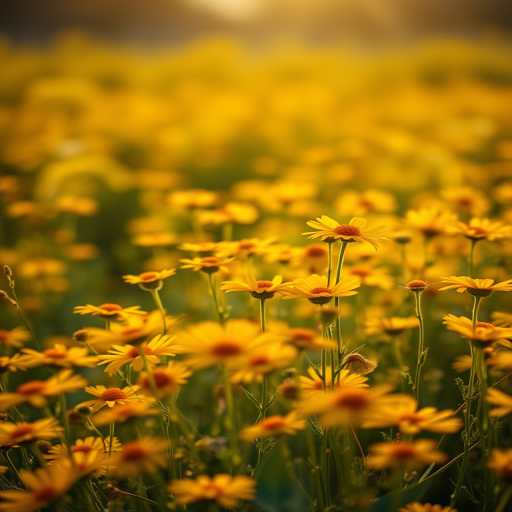 a field of vibrant yellow flowers under warm sunlight with a soft bokeh background, shot with a Canon EOS R5 at f/2.8, 50mm lens, in a portrait mode to enhance depth of field and warm tones