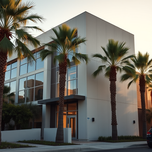 modern architectural building exterior with palm trees, golden hour lighting, wide-angle lens, ISO 100, aperture f/8, shutter speed 1/250s, captured with a DSLR camera