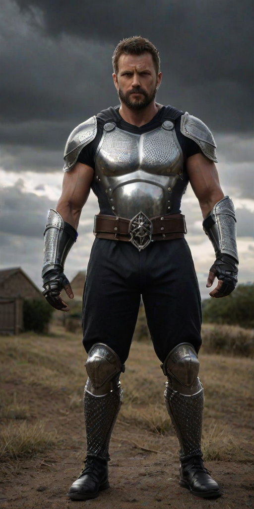 masterpiece, newest, realistic 1 man, manly, facial hair, tensile look, muscular male, village, dark skies, holding weapon, body armour, armour bodysuit, full body, chainmail armour, holy light, vanishing point, wide angle