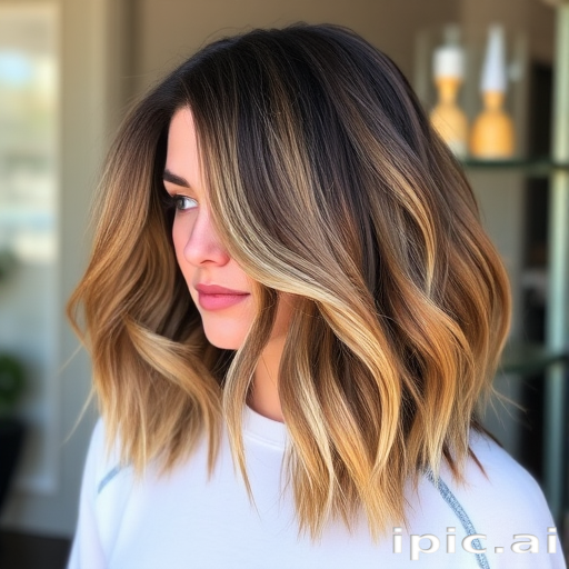 Chic fashionista showcasing a trendy lob (long bob) with a lived-in balayage, styled in tousled beach waves and accented with caramel highlights
