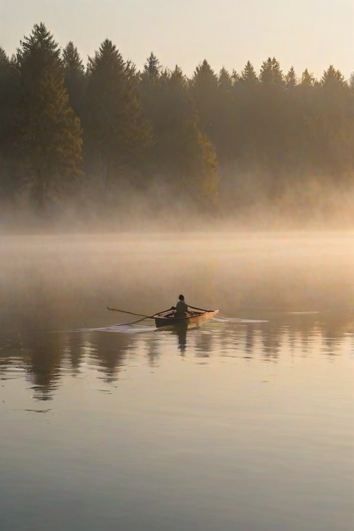 Blurry candid shot of a man rowing a boat across a misty lake at dawn, soft golden light from the rising sun illuminating the water, with trees barely visible through the mist.