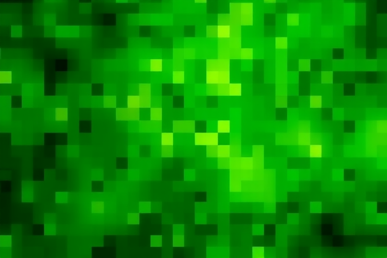 Generate an abstract background of various green shades in a pixelated style, captured with a DSLR camera, aperture f/8, ISO 100, 24mm lens, top-down view, vibrant color saturation.