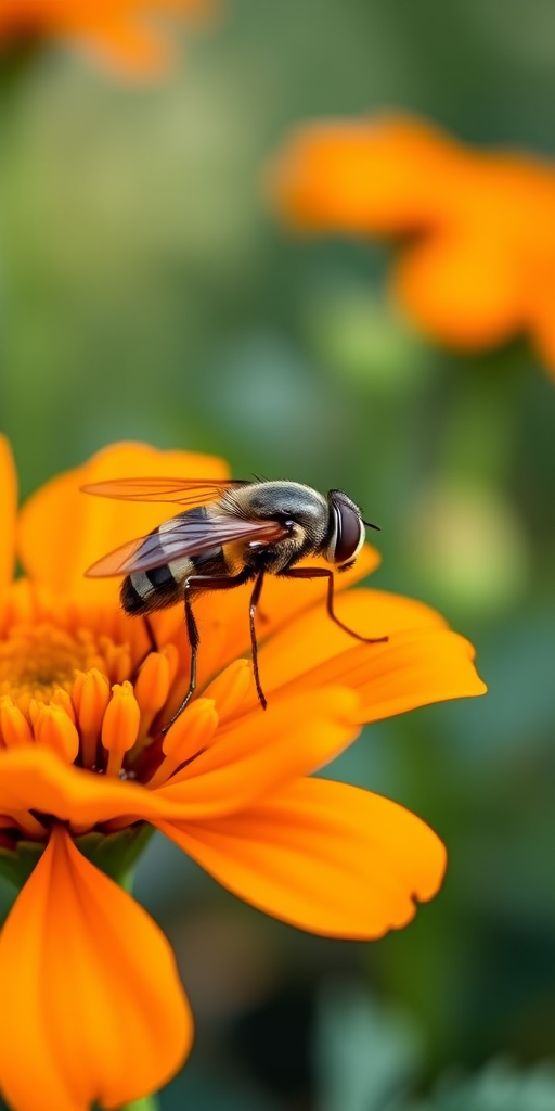 Capture a close-up shot of a fly on a vibrant orange marigold flower using a macro lens, with an aperture of f/2.8, shutter speed of 1/200s, ISO 100, natural lighting, and a blurred background to enhance depth of field.