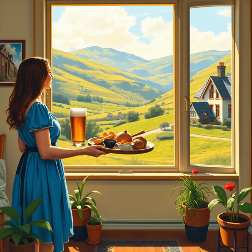 In "A Glass of Beer on the Highland," a serene scene is depicted in a sunlit room where a woman in a vibrant blue dress stands by a large window. She holds a tray with a hearty meal and a frothy glass of beer, embodying a moment of relaxation. Outside, the breathtaking highland landscape features rolling green hills and a charming traditional house, all bathed in warm afternoon light. The interior is adorned with potted plants, creating a harmonious blend of comfort and nature. The painting beautifully captures the tranquility and joy found in simple pleasures amidst stunning scenery