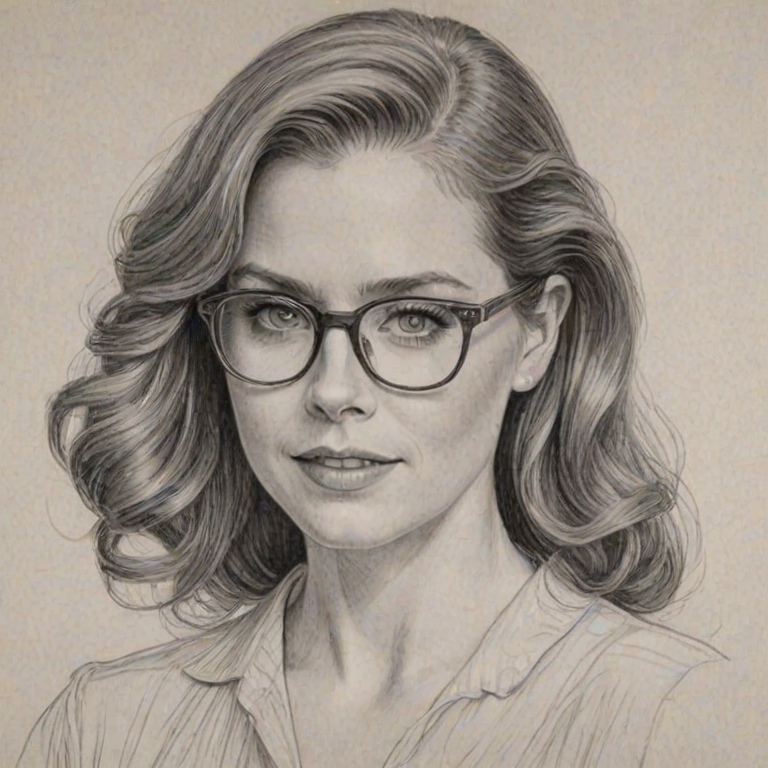 Ravishing Amy Adams, pencil sketch, portrait of Enticing woman 1949s in glasses, hair style beatnik, outline, clear lines, fine lines, 8k