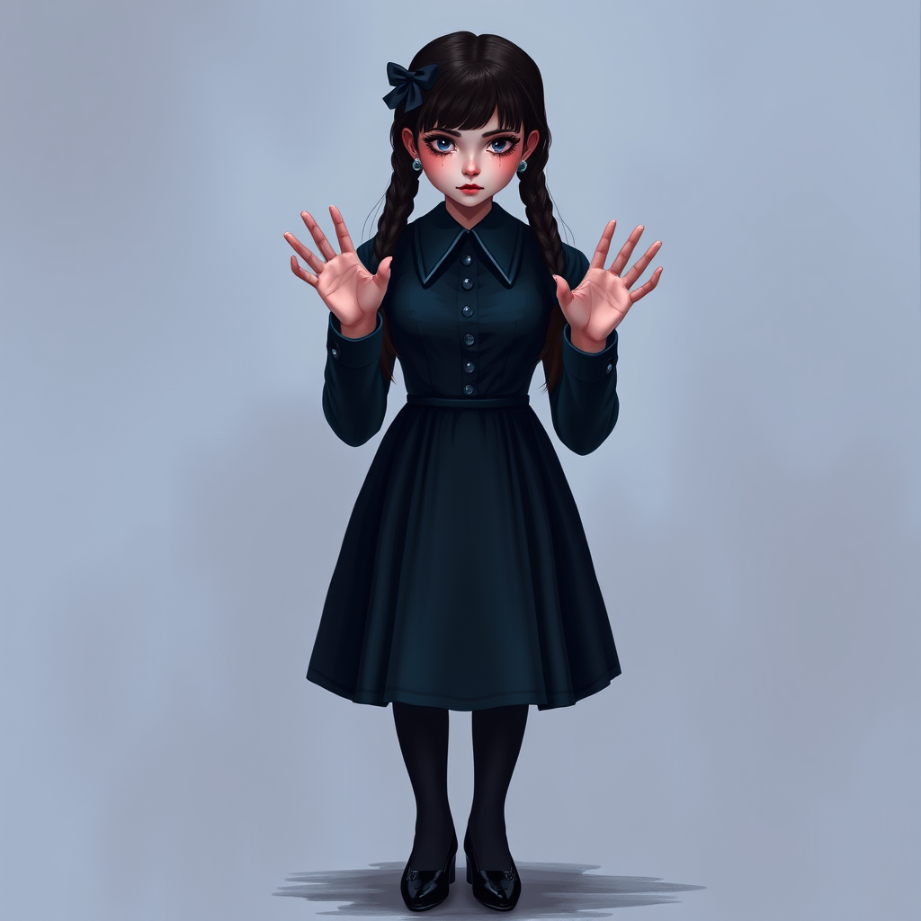 Digital art, full height portrait of Wednesday Addams, standing up with her hands in the air as if in a hold-up. Her dark, gothic attire replaces Alice’s classic blue dress, and she wears black shoes instead of blue. A small, neat black bow adorns her hair, capturing her signature style. The overall composition maintains a whimsical yet eerie tone, similar to Alice in Wonderland, while showcasing Wednesday’s iconic gothic charm.