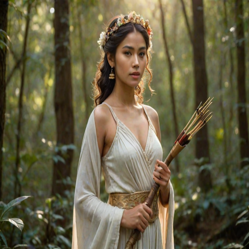 Create a portrait of a goddess-like Nepali girl figure in a tranquil, forested environment. She has an elegant appearance with long, wavy hair styled in an updo and adorned with a delicate, floral headband. She wears a flowing, ancient Greek-inspired gown in a soft, pale color, featuring a one-shoulder design and draped fabric that accentuates her graceful form. The outfit includes a decorative belt with ornate gold detailing, and she holds a bow in her hand, with a quiver of arrows slung over her shoulder. The background depicts lush greenery, with sunlight filtering through the trees, casting a gentle, ethereal light on the scene. Her expression is calm and contemplative, embodying a sense of wisdom and serenity.