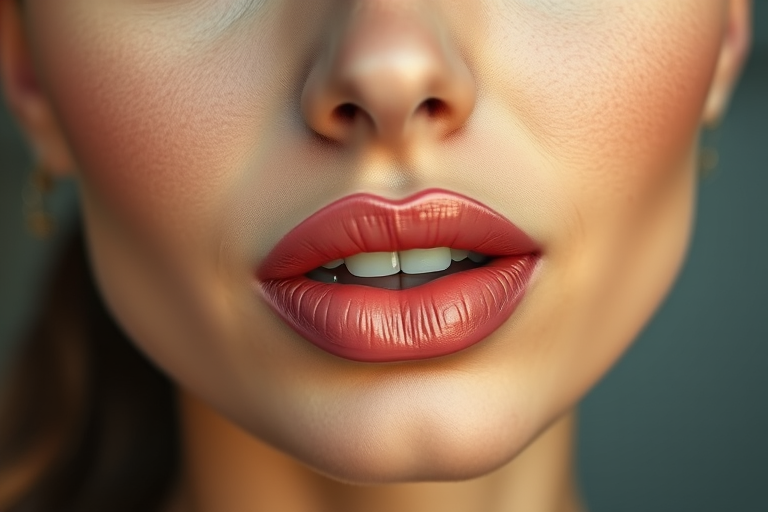 Charming woman lips adorned with rosy nude satin finish, full face portrait emphasizing understated elegance and timeless appeal