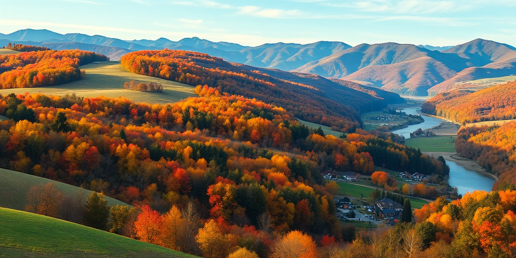 vibrant autumn landscape with rolling hills, colorful trees, small village with houses by a river, mountains in the background, shot with a DSLR camera at f/8 aperture, 50mm lens, ISO 100, soft natural lighting, wide-angle view, high resolution