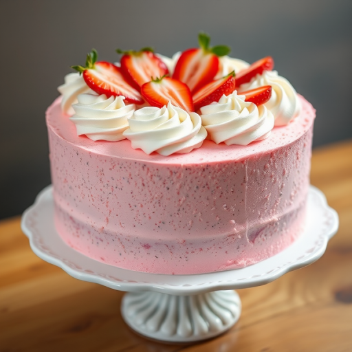 A beautifully decorated cake with a textured pink crumb coating topped with swirls of white frosting and fresh strawberry halves arranged on top, set on a decorative white cake stand.