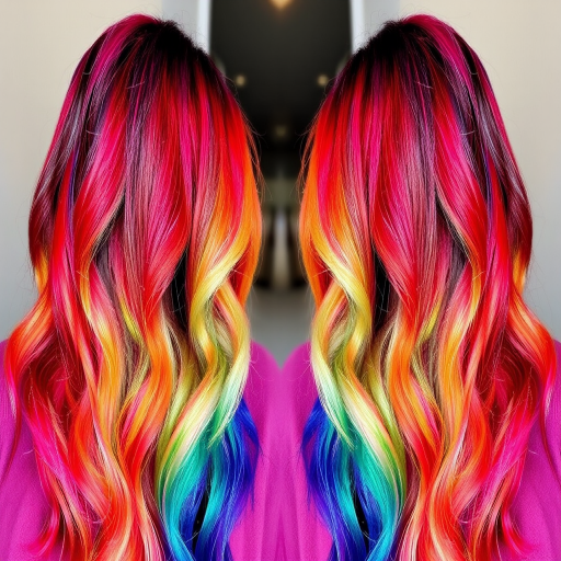 Ombre rainbow hair flowing from vibrant red roots through every color of the spectrum to indigo tips, styled in loose beach waves called Prism Cascade