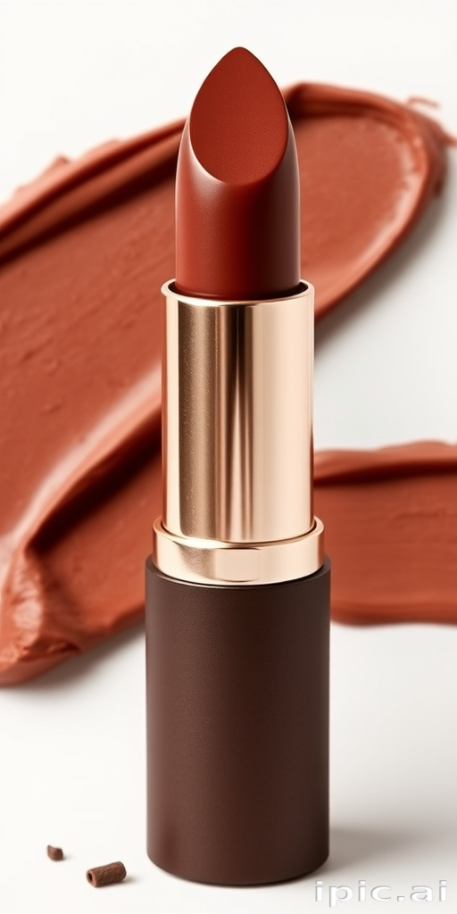 Velvety chocolate brown lipstick with a satin finish, called "Mocha Luxe," featuring a rich, creamy formula and subtle coffee aroma, complementing warm-toned makeup palettes