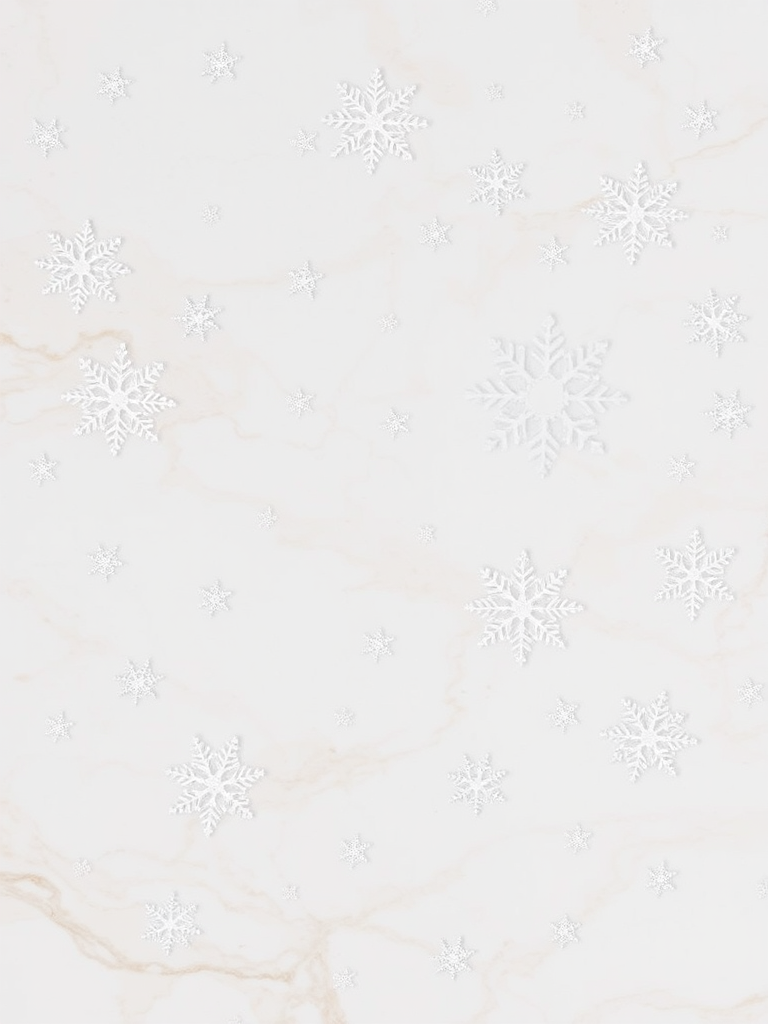 Create a winter themed background featuring a marble texture with soft white and light beige colors and overlay delicate snowflakes in various sizes and designs scattered throughout the image.