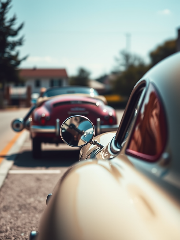vintage sports car parked, focused view, 50mm lens, f/1.8 aperture, ISO 100, natural lighting, high dynamic range, shallow depth of field, digital SLR camera